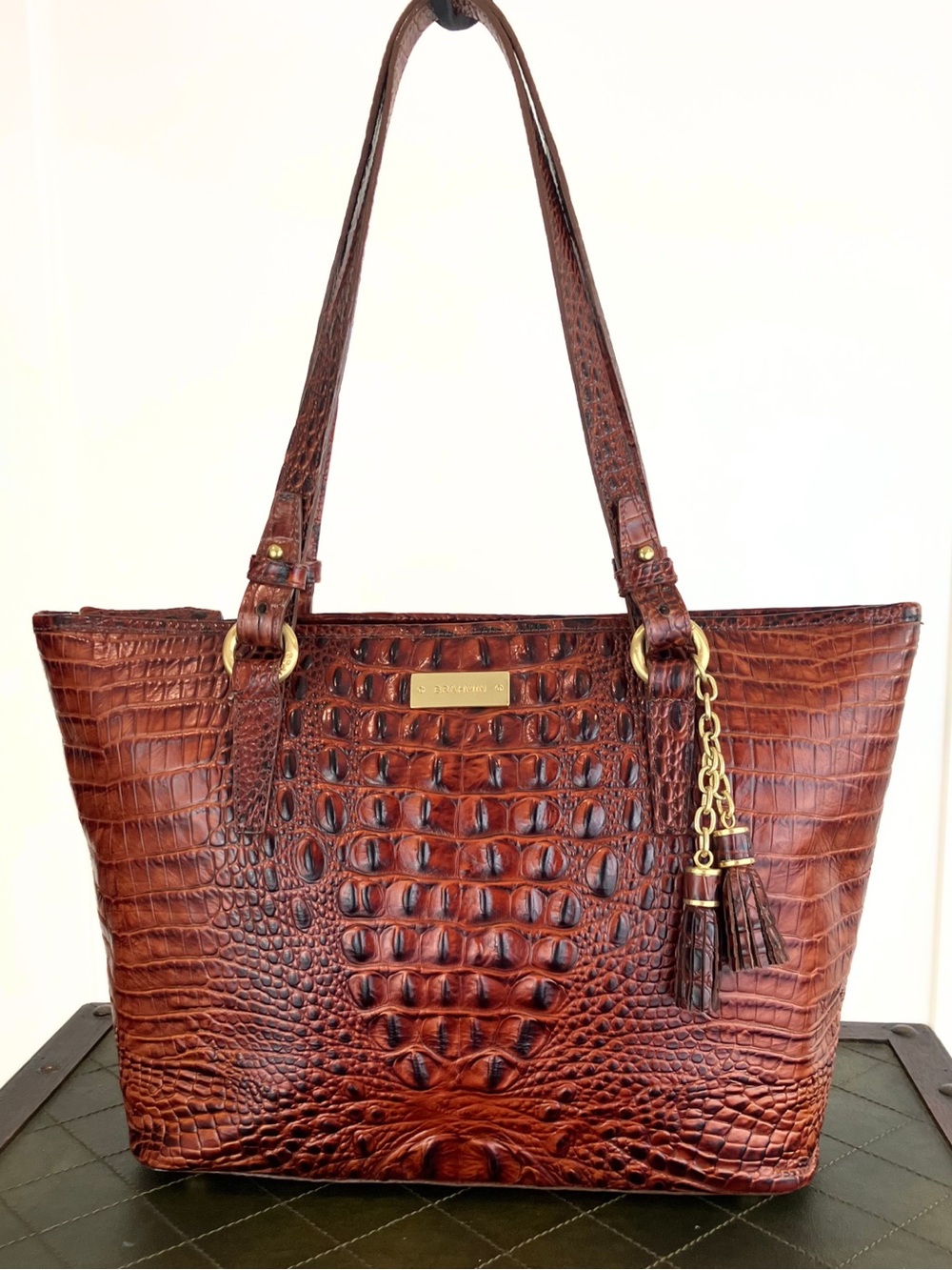 Brahmin Medium Asher Tote Pecan Melbourne Croc Embossed Leather Shoulder Bag